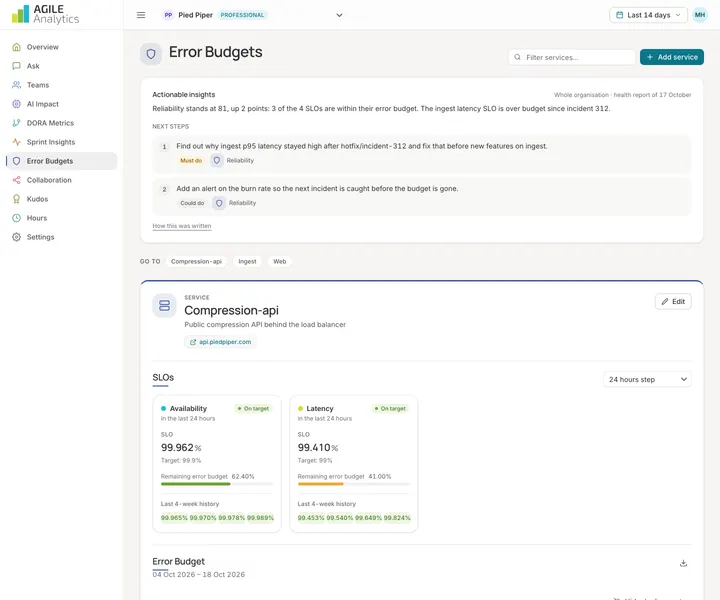 Agile Analytics, pagina Error Budgets: desktopweergave, licht thema